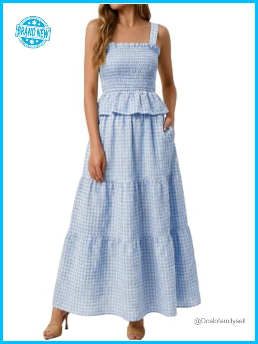 Women Gingham 2 Piece Skirt Set Smocked Crop Top & Maxi Skirt with Pockets